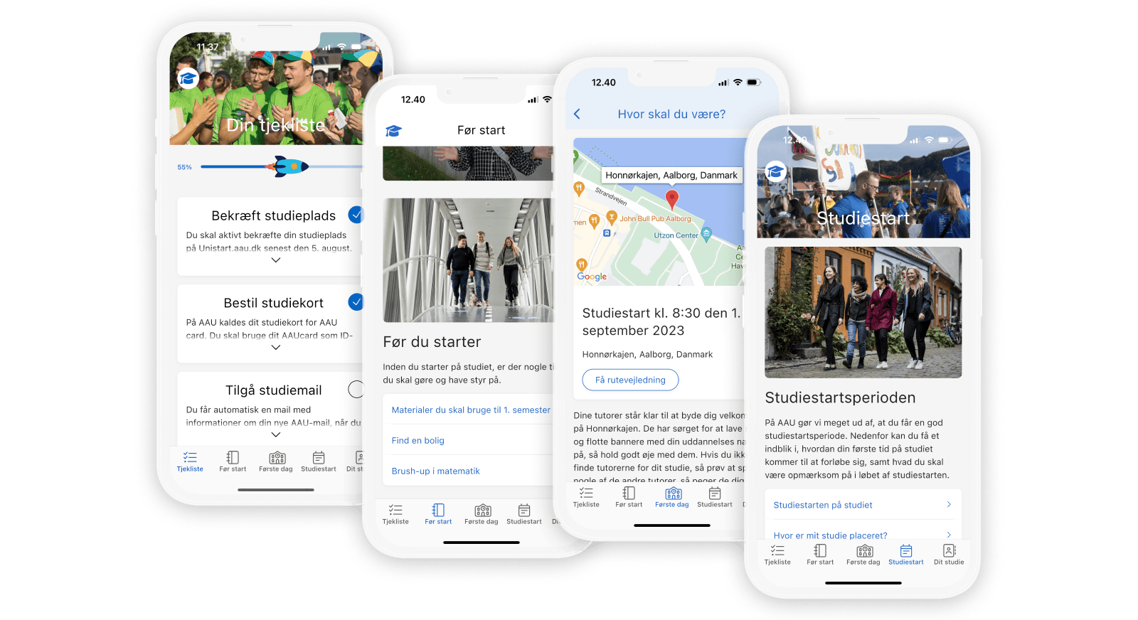 Fire mobiler med AAU Start appen åbent på forskellige sider.