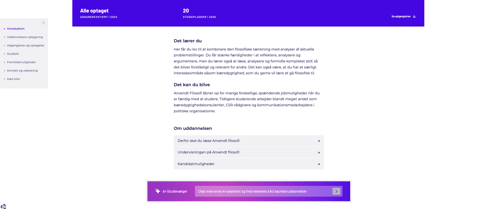 Billedet viser en menu i venste side, som kan bruges til navigation af hjemmesiden.