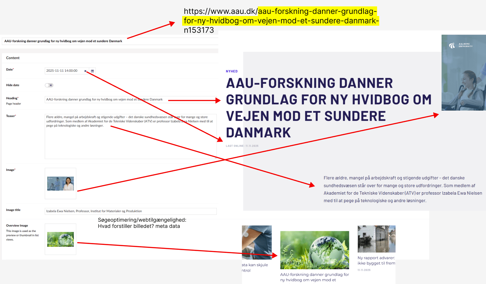 I toppen af nyhedsssiden defineres nyheds titel, teaser, dato, billeder og url